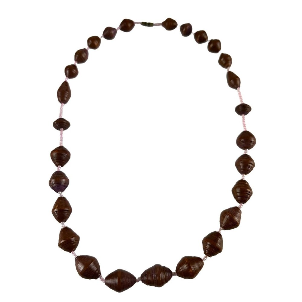 Handcrafted Brown Paper Bead 24" Necklace With Pink Accent Beads